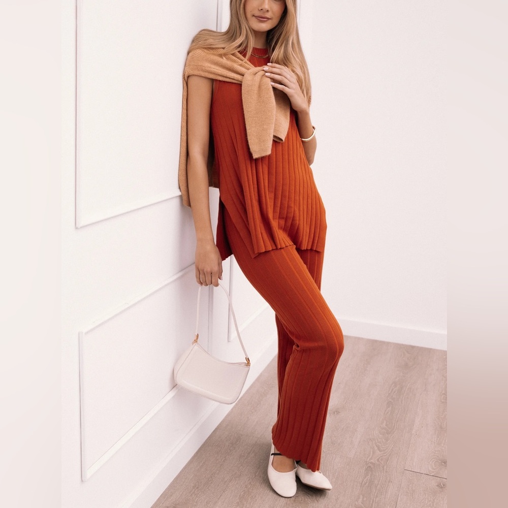 Petal & Pup Silvie Knitted Matching Set Rust Top & High waisted wide leg pants